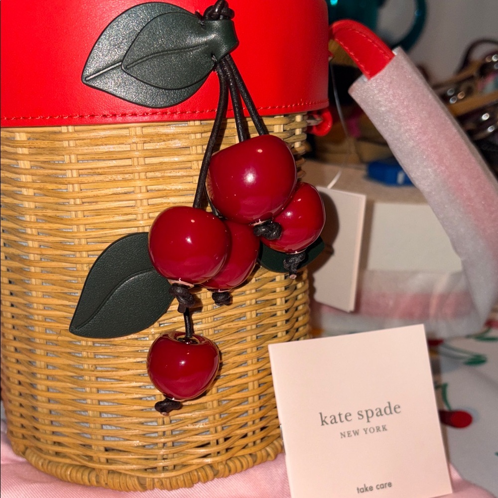 NWT, Rare kate spade Red Leather & Wicker Cherry Bucket Crossbody - Picture 13 of 16